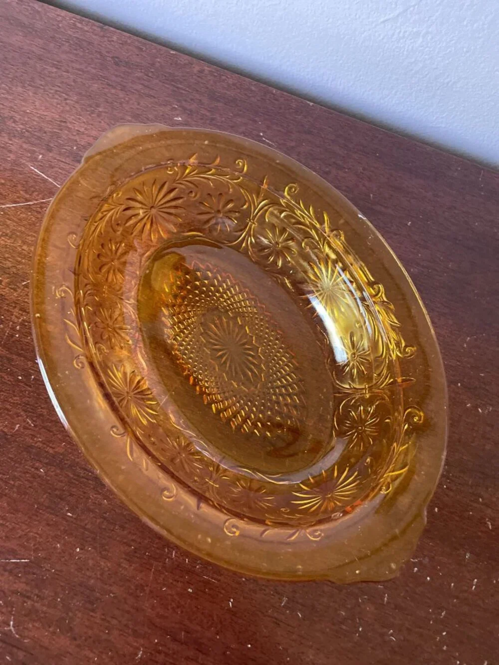 Vintage Indiana Glass Amber Daisy Oval Bowl MCM Retro